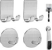 Razor Holder for Shower + Adhesive Wall Hooks, Premium 304 Stainless Steel Shower Razor Holder with Heavy Duty Waterproof Sticky Hooks for Hanging Towels, Coat, hat (Silver-2+2pcs)