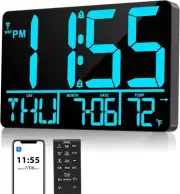 13" Bluetooth Auto Sync Wall Clock - Large Digital Alarm Clock with Remote, 2...