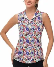 [Vidusou] Womens Sleeveless Golf Tennis Polo Shirts Moisture Wicking Zip Up Workout Tops