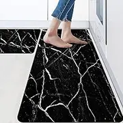 Mrcrypos Black Marble Kitchen Mat for Floor Anti Fatigue Kitchen Mat Set Non-Skid Waterproof PVC Leather (2 Pcs) for House Sink Office Kitchen Runner Mat 17.3" W X 29" L + 17.3" W X 47" L