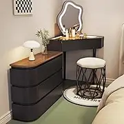 Corner Vanity with Mirror and Lights，Makeup Table Set with Chair Glass Top Vanity Table with Drawers Telescopic Dresser Vanity Desk for Women(Black,60CM_C)