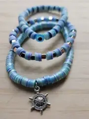 Handmade Stretchy Bracelets Set Of 3 Blue And Purple Clay Beaded With Charms 6"