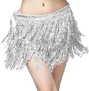 [MILIAFLICK] Glitter Skirt Women's Sequin Skirt Tassels Sequin Skirt Girls Silver Hip Scarf Belly Dance Costume Women Carnival Fringe Skirt Festival Outfit Women for Carnival Party Belly Dancer, silver,