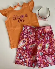NWT Girls 7 Gymboree “SPRING SPARKLE” Cotton Orange GEMS TOP SHORTS HEADBAND Set