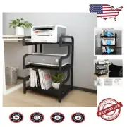Compact 3-Tier Printer Stand on Wheels - Black Storage Shelf for Home Office