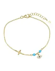 [Mocha] Gregio Simply Me Tiny Shiny Yg Bracelet With Cross Evil Eye And Turquoise Beads in Gold