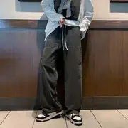 Drawstring Waist Wide Leg Pants Black Gray - M