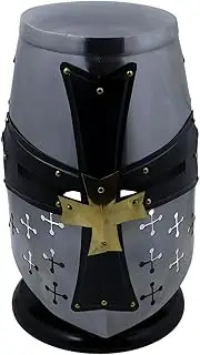 Roman Historical Items Crusader Great Helm Replica – 18 Gauge Steel Barrel Helmet, Brass Cross, Full-Size Wearable, Silver Finish
