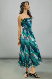Anthropologie Ruffled Maxi Dress Hutch Ondine Patchwork Ocean Size 0 Petite NEW