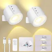 Roshin 2 Pack LED Wall Lights with USB Port - Battery Operated Wall Lights with 3 Color Temperatures & 3 Brightness - 360° Illumination Night Light for Bedroom