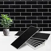 Artemuro 40PCS Peel and Stick Backsplash, 3" x 9" SPC Subway Tiles, Upgraded Structured Soft Glossy Castle Black Slate with White Grout Backsplash Stick on Tile for Kitchen, Bathroom, Fireplace, RV