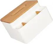 Luxshiny Plastic Tissue Box with Bamboo Cover Desktop Organizer with Compartments Multifunctional Tissue Holder for Home Office Easy to Clean Modern Design White