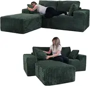 85" Cloud Small Love Seat Couches, Modular L Shaped Sectional Sofa with Chaise, Plush Corduroy Couch, No Assembly Deep Seat Memory Foam Couch with 2 Pillows for Apartment & Bedroom,Green