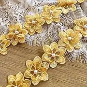 Yellow Flower Lace Trim Ribbon,Vintage Pearl Edging Trimmings Fabric Embroidered Applique for Sewing, Costumes, Gowns, Home Decor(1-3/5”, 2yards)