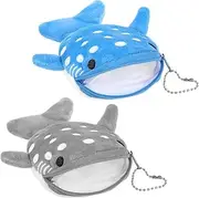 YUXIANLBCute Whale Shark Coin Purse, 2 PCS Small Kawaii Wallet with Zipper Keychain, Plush Cartoon Animal Embroidered Coin Pouch Mini Earphone Bag Funny Novelty Coin Purse for Women (Blue, Gray),