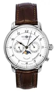 Zeppelin Friedrichshafen Moon Phase Day/Date Display Quartz 1 Jewels Z85361 Mens Watch Brown Leather Strap White Dial