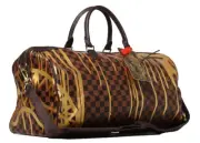 SPRAYGROUND SHARK IN PARIS BROWN GOLD DRIP DUFFLE MONOGRAM CHECKERED TRAVEL BAG