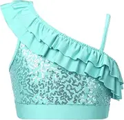 [iEFiEL] Kids Girls Asymmetrical Shoulder Straps Dance Tops Stage Performance Sequin Crop Tops Athletic Tank Tops