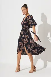 Bellerose Midi Wrap Dress Short Sleeve in Black Charcoal With Apricot Floral 8