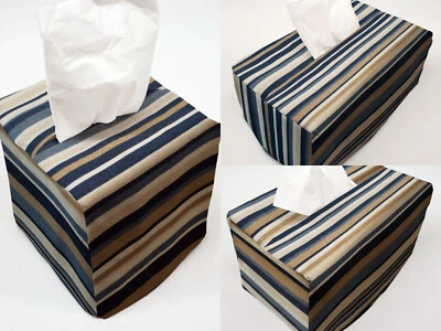 Blue Gray Beige Stripes Tissue Box Cover