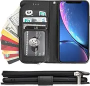 Cavor for iPhone XR Case,PU Leather Zip Pocket Wallet Flip Cover Case Magnetic Closure Book Design with Kickstand Feature & Card Slots Compartment for iPhone XR(6.1")-Black