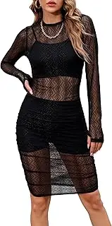 [Atyfuniby] Women's Sexy 3 Piece Outfits Mesh See Through Ruched Midi Dresses + Crop Tank Tops + Skinny Shorts Sets Clubwear
