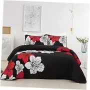 3 Pieces Quilt Set King Red Floral Pattern Quilt Coverlet Set Elegant Boho