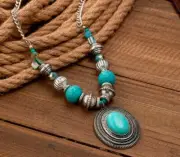 Turquoise Pendant Necklace with Beaded Accents for Women with Leather Cord