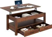 Rolanstar Coffee Table, Lift Top Coffee Table with Drawers and Hidden Compartment, Retro Central Table with Wooden Lift Tabletop, for Living Room,Espresso