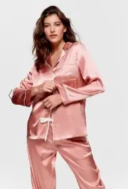 Peter Alexander Womens Rose Gold Satin Long Sleeve PJ Set Size Large RRP$139.00