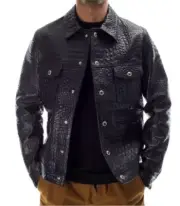 Black Alligator Crocodile Pattern textured on genuine Lambskin leather Jacket