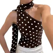 [Aonoapll] Y2k Polka Dot Tank Top for Women One Shoulder Sleeveless Halter Crop Top Backless Camisole with Scarf