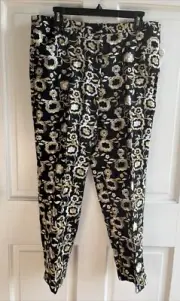 NWT Neiman Marcus Slacks Pants Sz 14 FLORAL EMBROIDERY Black Gold SILK/RAYON
