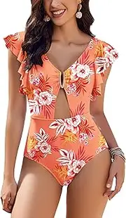 [AI'MAGE] Womens V Neck One Piece Swimsuit Cutout Tummy Control Ruffle Swimming Suit