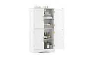 Costway 110 cm Bathroom Floor Storage Cabinet w/4 Doors & Adjustable Shelves Freestanding Cupboard White