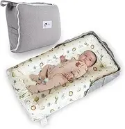 Joyful Journeys 2 in 1 Baby Lounger and Diaper Organizer - Portable Travel Bed, 100% Cotton Pillow - Newborn Essential, 0-18 Months (Blue Zoo Animals)
