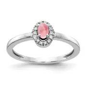 Solid 14k White Gold Simulated CZ and Oval Cabochon Pink Tourmaline Ring
