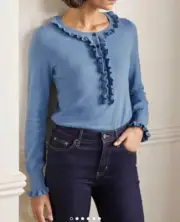 Boden Womans Sweater Lara Frill Ruffle Blue Size 12 Wool Cotton blend London LG
