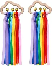 2 Pieces Rainbow Hand Ribbon Kite with Bells Wind Wand Dancing Ribbon Streamer Cloud Wood Sensory Toys Wooden Educational Toy for Party Birthday(Bright Colors)