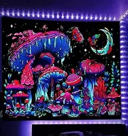 TUGCAY Blacklight Mushroom Tapestry, Glow In The Dark Black Light Plant Fantasy UV Reactive Mushroom Butterfly Moon Tapestries Wall Hanging for Bedroom Dorm Decor(50/''x60/''), 60.00/'' x 50.00/''