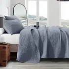Quilt Set King Size Denim Blue, Classic Geometric Spots Stitched Pattern, Pre-Wa