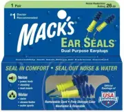 Mack's Ear Seals Dual Purpose Earplugs For Noise & Water Washable 27DB One Pair