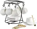 LYEOBOH Espresso Cups with Saucers Set, Porcelain Coffee Cups and Metal Stand