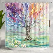 Oil Painting Tree Shower Curtain, Colored Seasons Tree Shower Curtain for Bathroom with Hook, Polyester Fabric Washable Shower Curtain Set Home Office Farmhouse Decor Bath Curtain