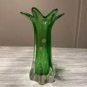 Egermann Czech Bohemian Crystal Green Art Glass Tulip Vase Signed original