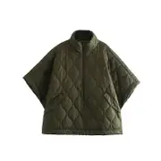 Autumn and Winter New Women Standing Neck Loose Medium Sleeve Diamond Quilted Waterproof Cloak Coat green M