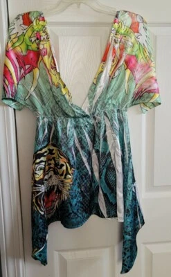 NWT Women's Ed Hardy by Christian Audigier Tiger Rhinestone Shirt Top Size S