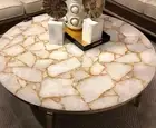 Round Marble Epoxy Coffee Table Top White Quartz with Golden Foil Corner Table
