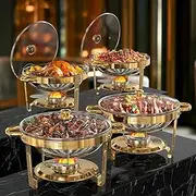 WARMOUNTS Gold Chafing Dishes for Buffet with Glass Lid (5QT, 4 Pack), Food-Grade Stainless Steel, Round Chafers and Buffet Warmers Sets with Lid Holder, Rolled Edge Design, for Party, Banquet