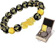 Angyape Feng Shui Black Obsidian Bracelet, Feng Shui Good Luck Wealth Bracelet Dragon Buddha 12mm Beads Elastic Pixiu Meditation Decompression Prayer Bracelets for Women Men Jewelry